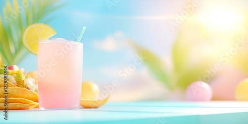 A glass of pink lemonade garnished with a lemon slice, accompanied by colorful tacos in a sunny tropical setting. photo