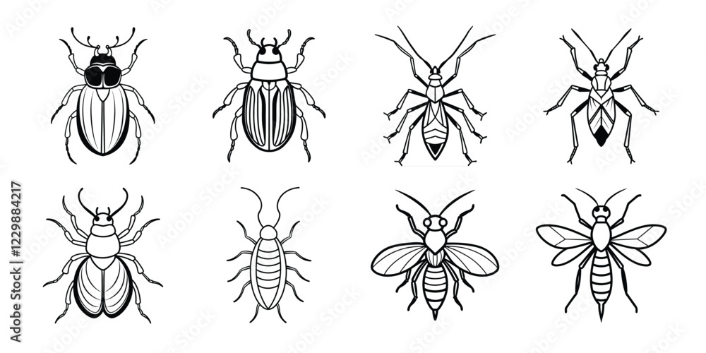 Insects liner art set. Vector illustrations poisonous insects isolated on white background Insects liner art set. Vector illustrations poisonous insects isolated on white background