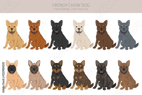 French chow dog clipart. French Bulldog - Chow chow mix. All possible coat colors, breed information, adults and puppies.  Vector illustration