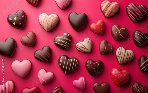 n assortment of colorful heart-shaped candies and chocolates, artistically arranged on a vibrant red-to-pink gradient background. Valentines Day and 8 March theme