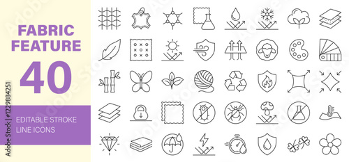 Fabric Features line Editable Icons set. Vector illustration of textile related icons: thermo, recycled, bamboo, product, industry, shop, leather, textile, cotton, wool, waterproof, material and more.