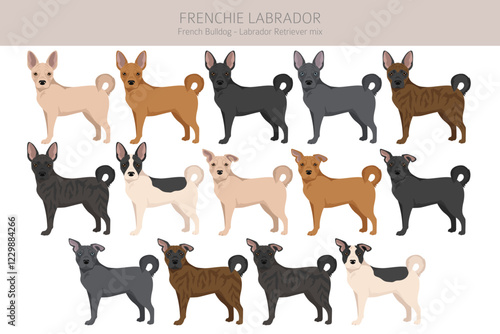 Frenchie Labrador clipart. French Bulldog - Labrador Retriever mix. All possible coat colors, breed information, adults and puppies.  Vector illustration