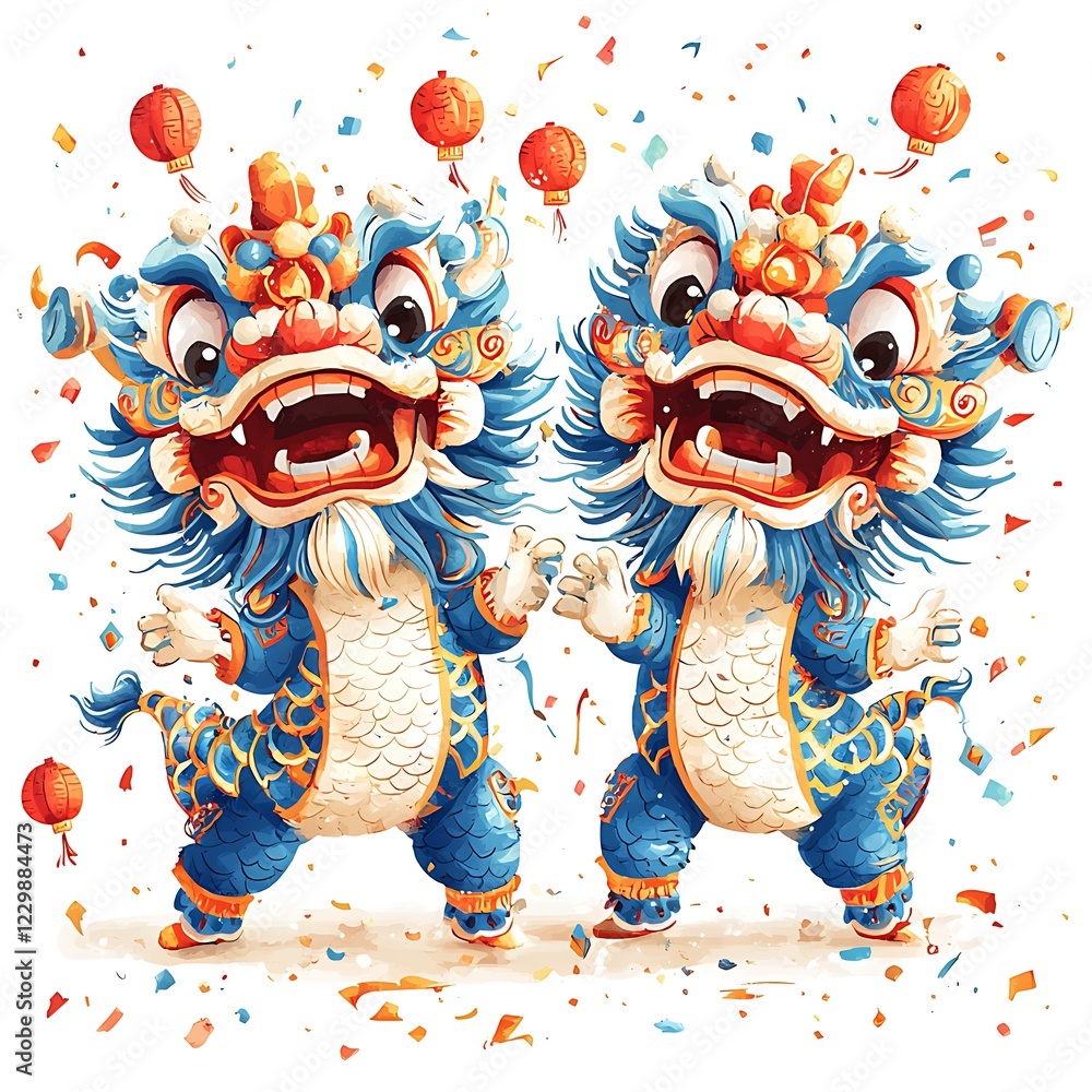 Fototapeta premium Two Playful Blue and Gold Lion Dance Costumes Performing Amidst Confetti and Lanterns.