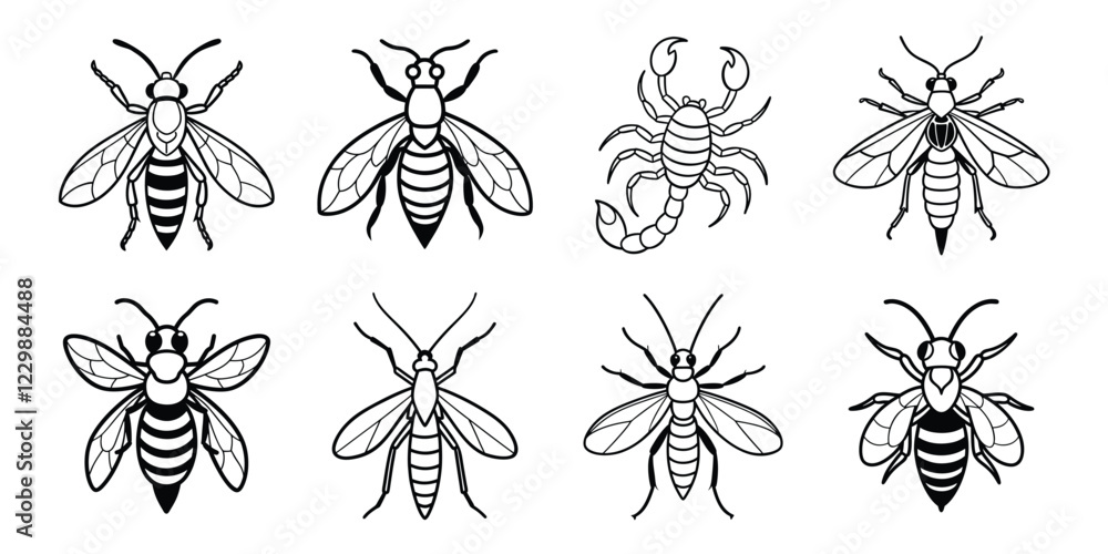 Insects liner art set. Vector illustrations poisonous insects isolated on white background Insects liner art set. Vector illustrations poisonous insects isolated on white background