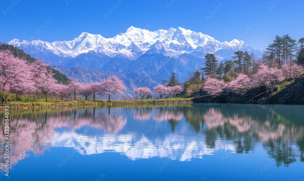 Fototapeta premium A beautiful natural landscape. There is a quiet lake in the picture. The lake water is crystal clear, reflecting the snow-capped mountains and blue sky in the distance. The lake is full of pink flower