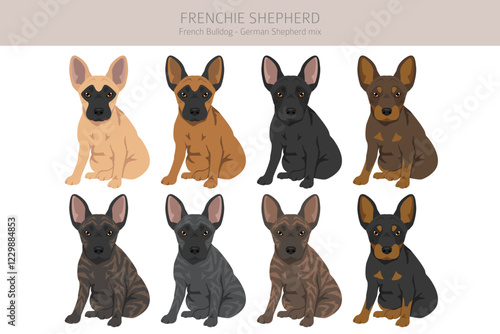 Frenchie Shepherd clipart. French Bulldog - German Shepherd mix. All possible coat colors, breed information, adults and puppies.  Vector illustration