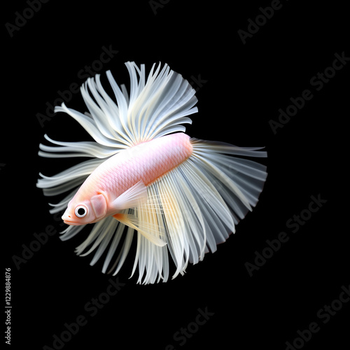 Beautiful movement of white Crowntail betta fish, Fancy Halfmoon Betta, The moving moment beautiful of Siamese Fighting fish, Betta splendens, Rhythmic of Betta fish isolated on black background. photo