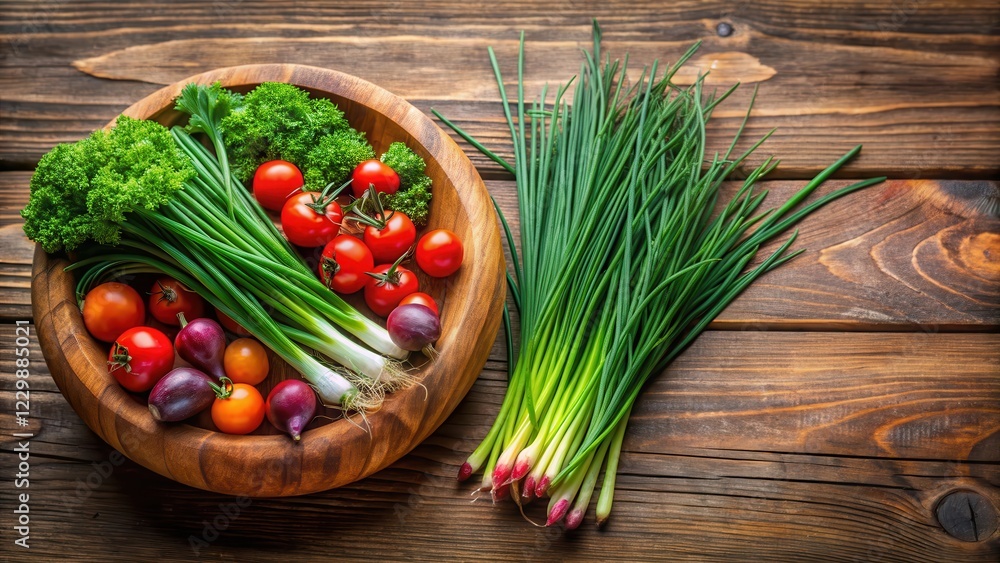 A bunch of fresh chives and vegetables arranged artfully in a wooden bowl, garden delights A bunch of fresh chives and vegetables arranged artfully in a wooden bowl, garden delights