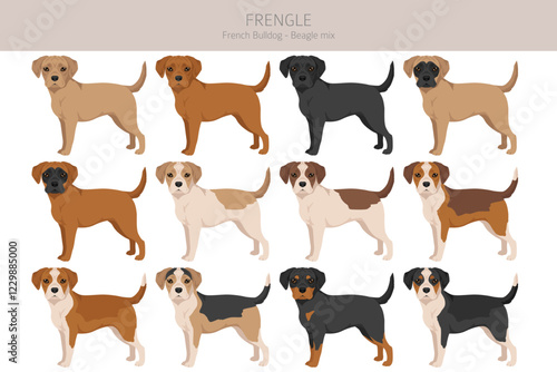 Frengle clipart. French Bulldog - Beagle mix. All possible coat colors, breed information, adults and puppies.  Vector illustration