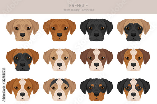 Frengle clipart. French Bulldog - Beagle mix. All possible coat colors, breed information, adults and puppies.  Vector illustration