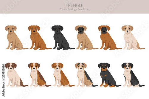 Frengle clipart. French Bulldog - Beagle mix. All possible coat colors, breed information, adults and puppies.  Vector illustration