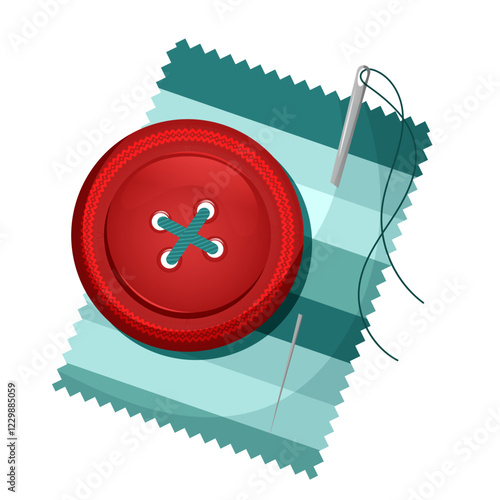 Red button on a piece or scrap of striped fabric, with needle and thread for sewing and needlework.