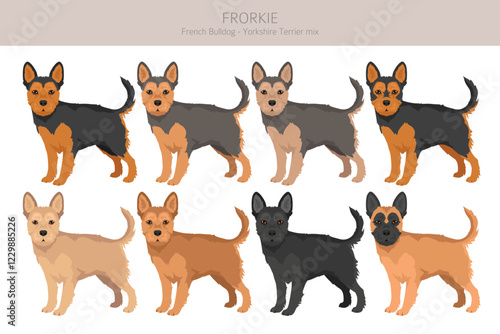 Frorkie clipart. French Bulldog - Yorkshire Terrier mix. All possible coat colors, breed information, adults and puppies.  Vector illustration photo