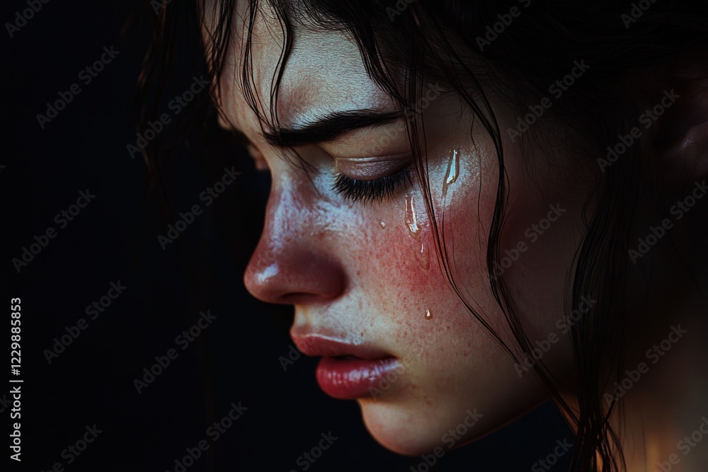 This is a close up of a woman s face, with tears flowing down her face This is a close up of a woman s face, with tears flowing down her face