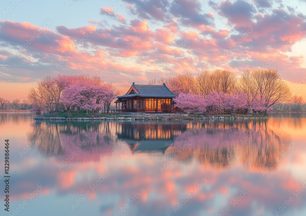 Fototapeta premium A beautiful landscape painting of a traditional East Asian style building on an island surrounded by pink and red trees.