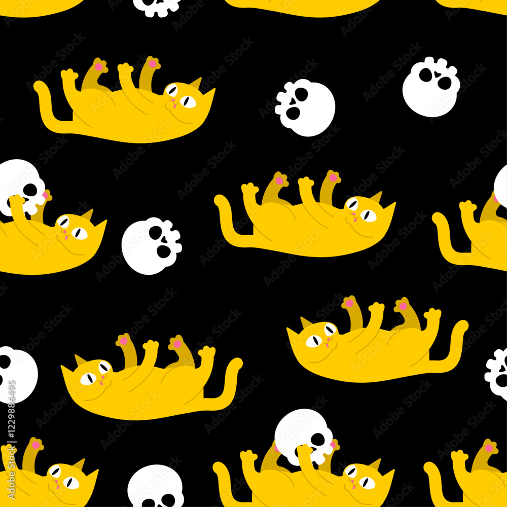 Fototapeta premium Cat plays with skull pattern seamless. Cat and skeleton head background.