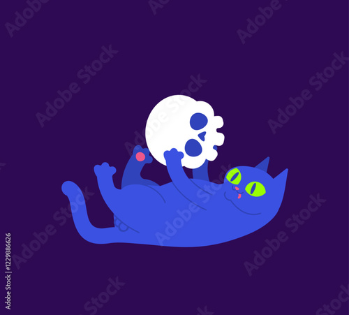 Cat plays with skull. Cat and skeleton head.