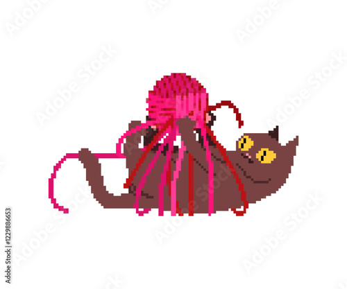 Cat plays with ball pixel art. 8 bit Cat and ball of wool
