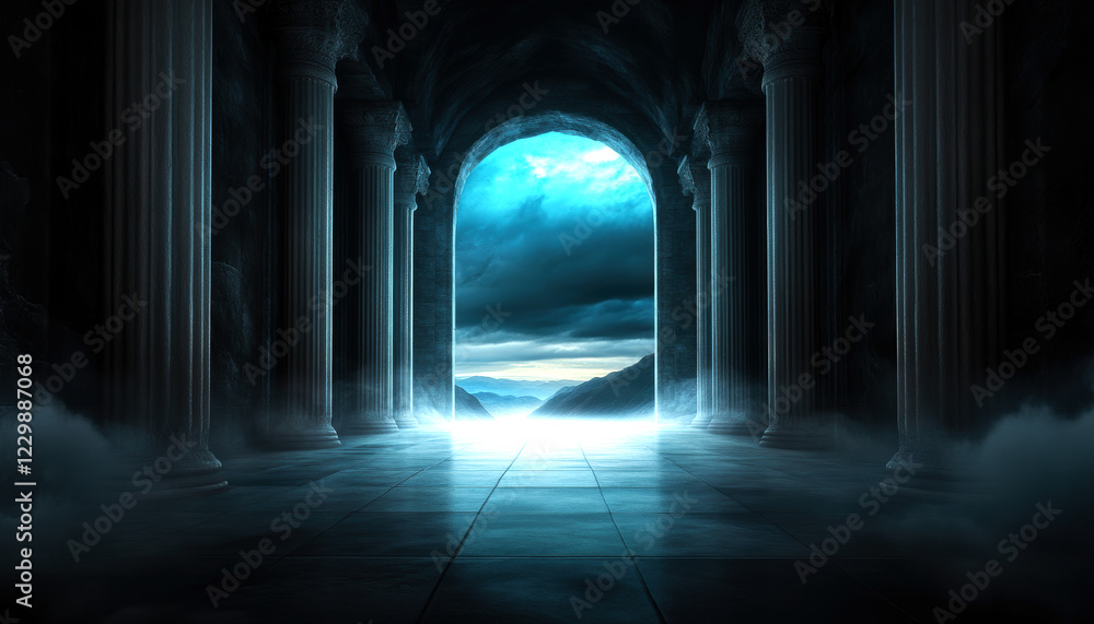 Fototapeta premium A captivating view through an ancient archway, shrouded in mist.