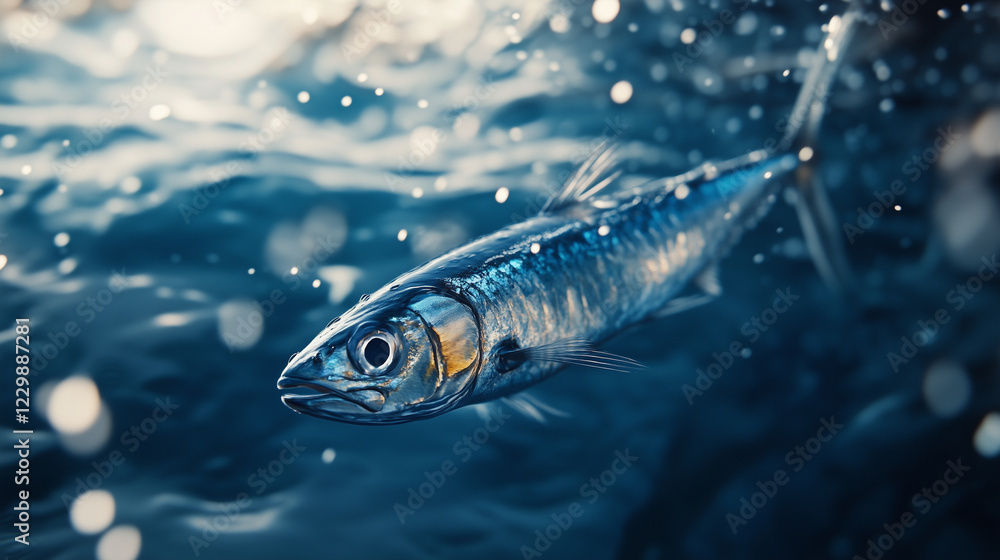 Fototapeta premium Close-Up of a Sardine Swimming Underwater – Ideal for Marine Life Documentaries, Seafood Industry Promotions, and Ocean Conservation Campaigns