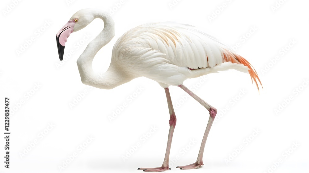 A graceful flamingo standing on one leg, the white background emphasizing its long neck A graceful flamingo standing on one leg, the white background emphasizing its long neck