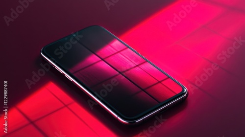 Smartphone screen reflecting pink light, modern backdrop, technology product shot