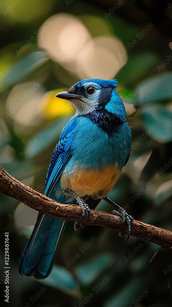 Obraz premium HD Phone Wallpaper Vibrant Blue Jay Bird Perched on Branch Detailed Closeup in Nature