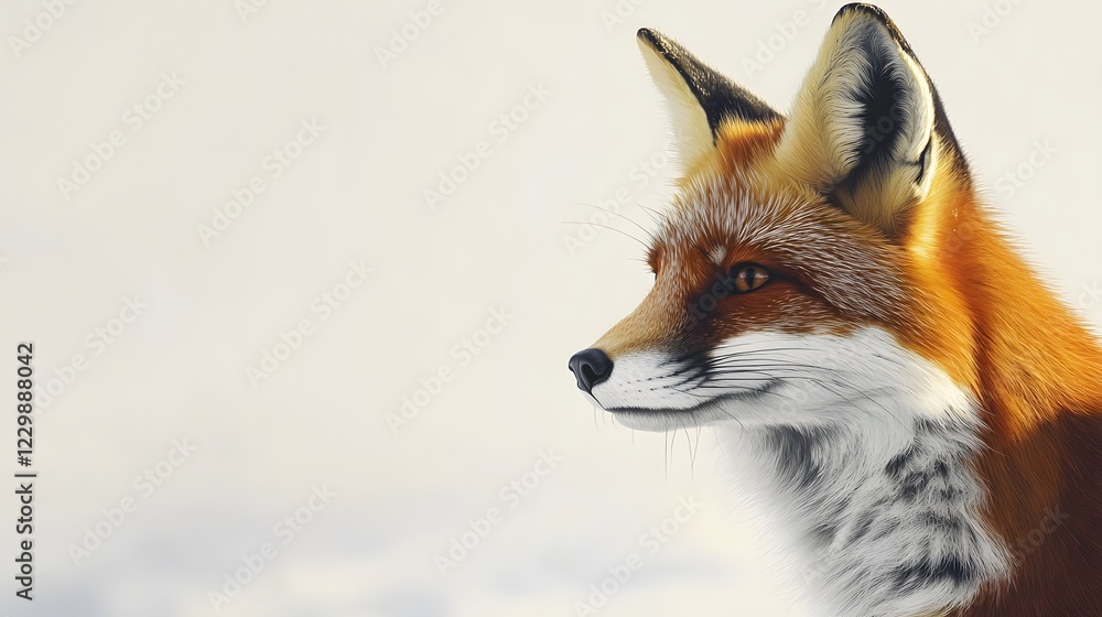 Fototapeta premium A red fox curiously looking over its shoulder, with an empty white background