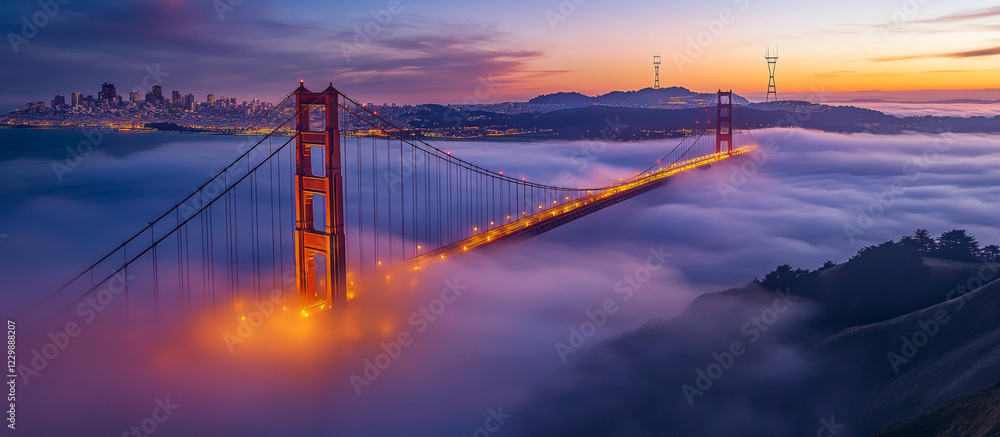 Obraz premium An amazing sight, the bridge is shrouded in thick fog, and the lights on the bridge look particularly warm and charming in the fog. style