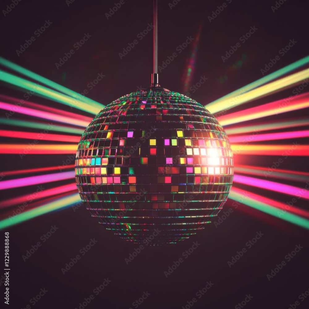 Obraz premium Shiny 70s disco ball with colorful light beams