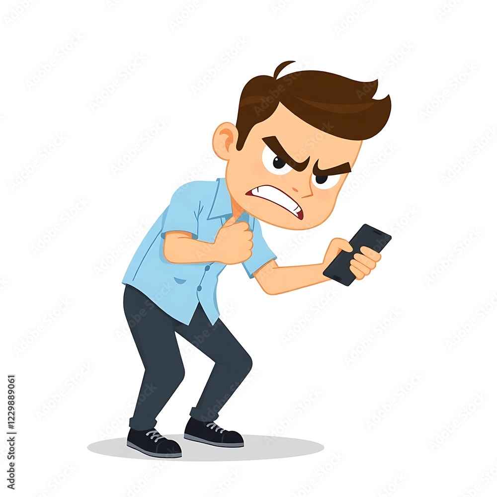 A cartoon character of an angry man holding a phone, generative ai A cartoon character of an angry man holding a phone, generative ai