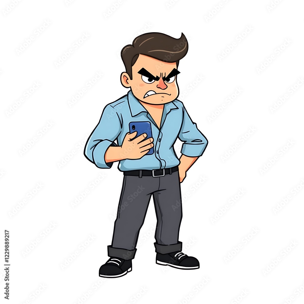 Obraz premium A cartoon character of an angry man holding a phone, generative ai