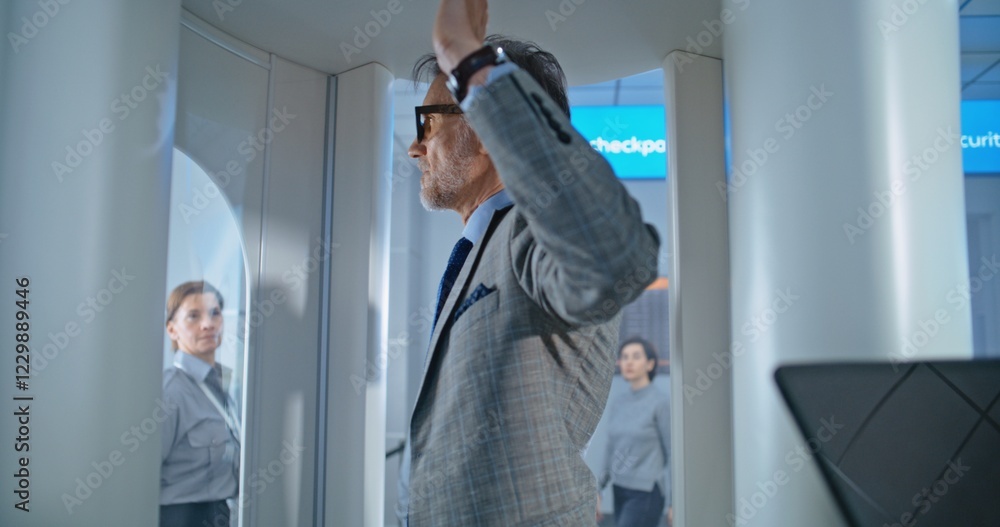 Airport Terminal: Mature Man Walks Through Metal Detector Scanner on Security Checkpoint for Plane Flight. Security Officers Control Inspection of Passengers. Queue of Diverse Tourists Going on Trips. Airport Terminal: Mature Man Walks Through Metal Detector Scanner on Security Checkpoint for Plane Flight. Security Officers Control Inspection of Passengers. Queue of Diverse Tourists Going on Trips.