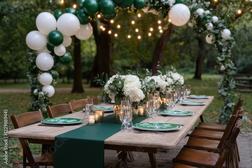 This charming outdoor dining setup features elegant decorations, flowers, and lighting, creating a beautiful, inviting atmosphere for guests in a natural setting. photo