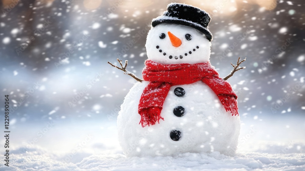 A cheerful snowman stands in the snowy winter landscape A cheerful snowman stands in the snowy winter landscape
