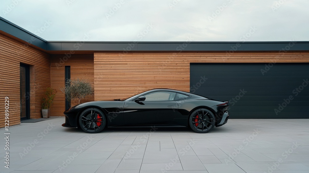 Fototapeta premium A sleek black sports car parked in front of a modern wooden facade garage, showcasing contemporary design and luxury.