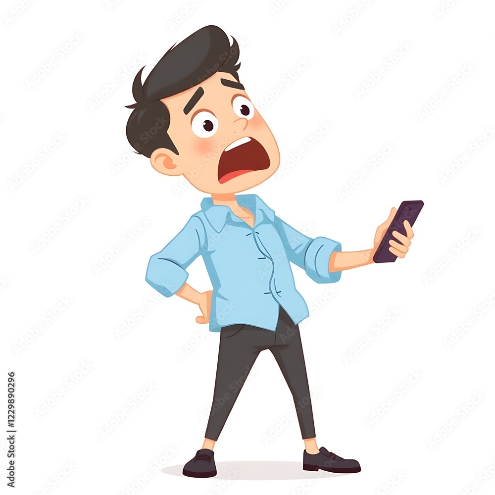 Ilustration of a young man looks confused while holding a smartphone. generative ai
Ilustration of a young man looks confused while holding a smartphone. generative ai