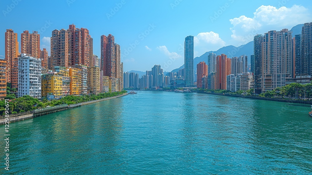 Naklejka premium Hong Kong Cityscape Skyline River Buildings Modern Architecture