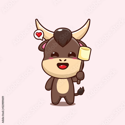 bull mascot cartoon character vector illustration eating marshmallow