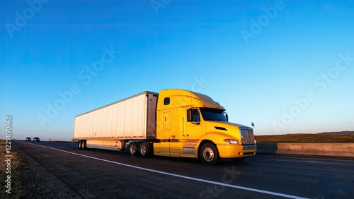 A yellow semi truck travels along a highway generative ai