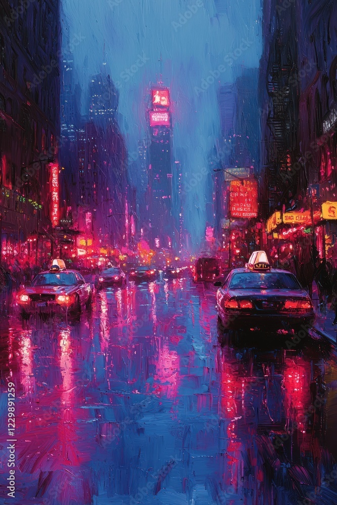 Naklejka premium Rainy Night Cityscape Vivid Lights Reflecting on Wet Streets