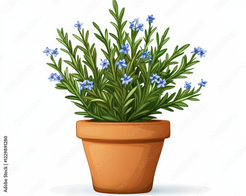 Fototapeta premium Fresh Blue Flowering Plant in Brown Terracotta Pot on White Background
