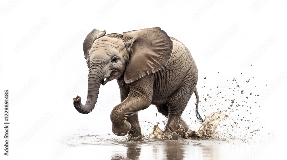 Fototapeta premium A baby elephant splashing in a small puddle, the white background accentuating its movements