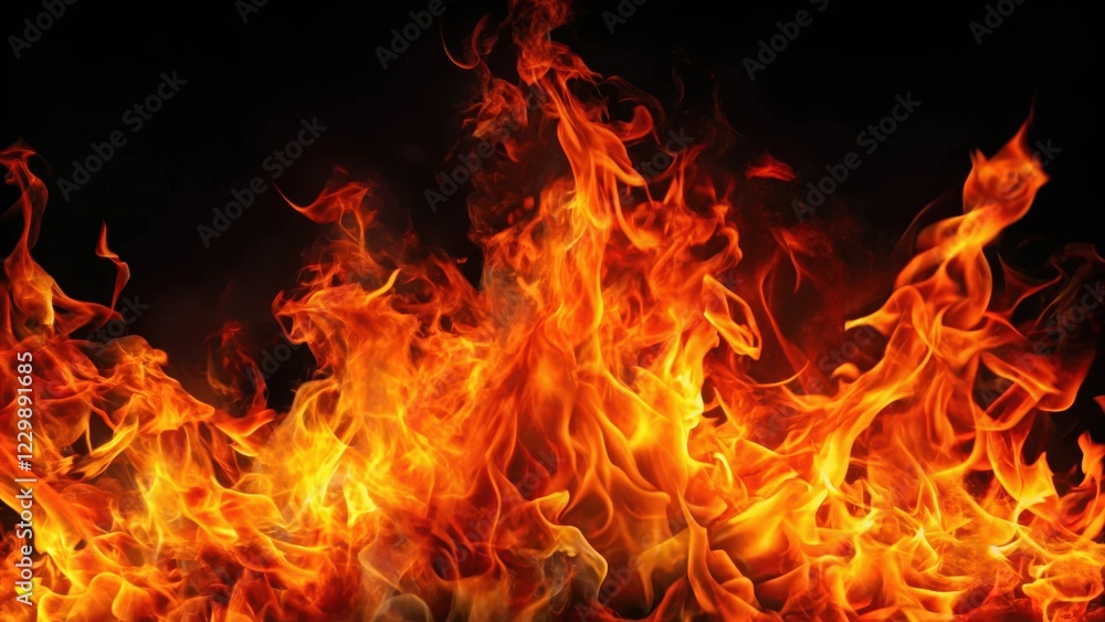 A blazing inferno of orange and red flames on a dark black background with intense heat radiating from the fire , black background, fiery A blazing inferno of orange and red flames on a dark black background with intense heat radiating from the fire , black background, fiery