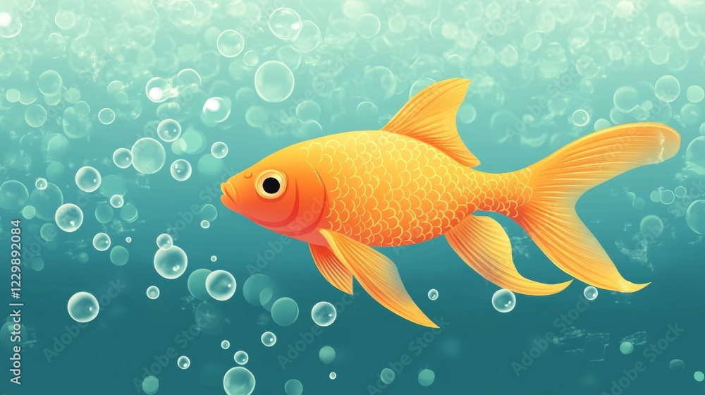 Fototapeta premium A colorful orange fish elegantly gliding through bubbles in a lively underwater environment