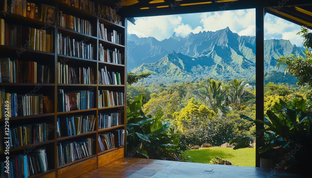 Fototapeta premium cozy study room with a large bookshelf adorned with books, set against a stunning mural of mountains and trees, evoking a sense of peace and nature