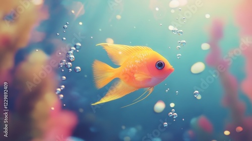 A graceful orange fish swimming amidst bubbles in a lively underwater environment photo