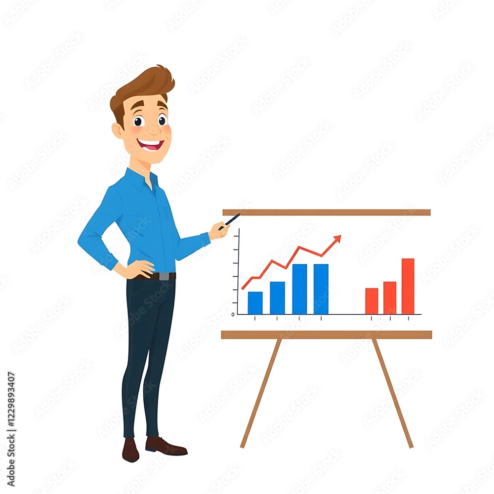 Animated illustration of a businessman presenting a growth chart. Animated illustration of a businessman presenting a growth chart.