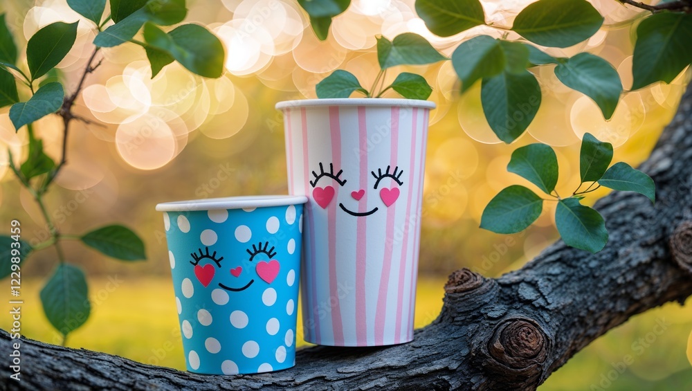 Fototapeta premium Sweet Paper Cups With Faces on Branch Bokeh Background Outdoor Nature Scene