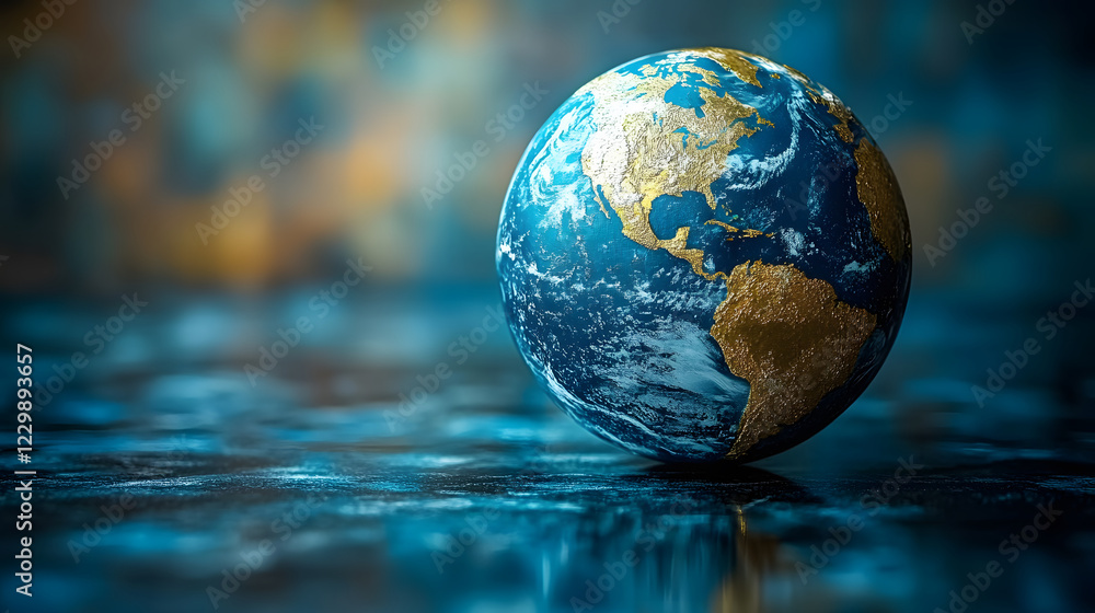 A beautifully detailed globe with vibrant blue oceans and golden continents, set against a soft, blurred background A beautifully detailed globe with vibrant blue oceans and golden continents, set against a soft, blurred background